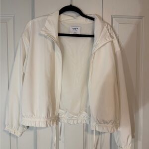 Old Navy Women's White Cropped Bomber Jacket with Ruffled Edge - Size L